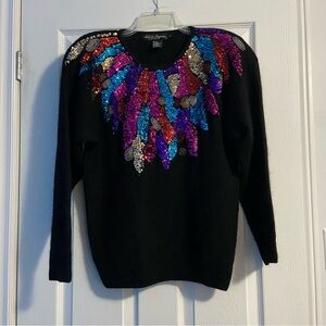 Work in Progress Vintage Women’s Black Sweater with Colourful Sequins Size M